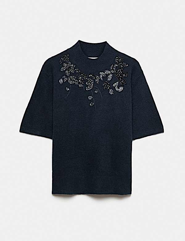 Embellished Funnel Neck Knitted Top - NZ