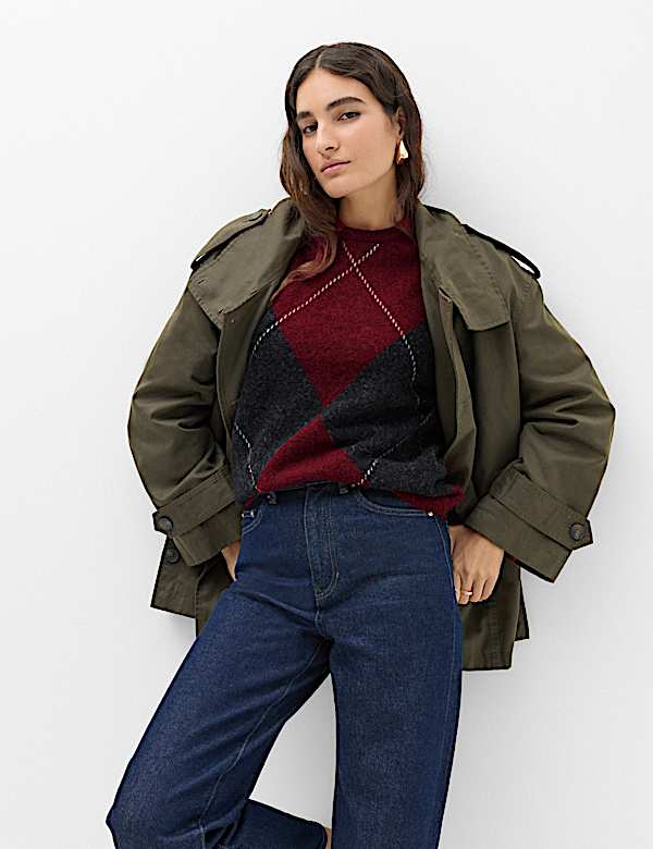 Argyle Crew Neck Oversized Jumper With Wool - NZ