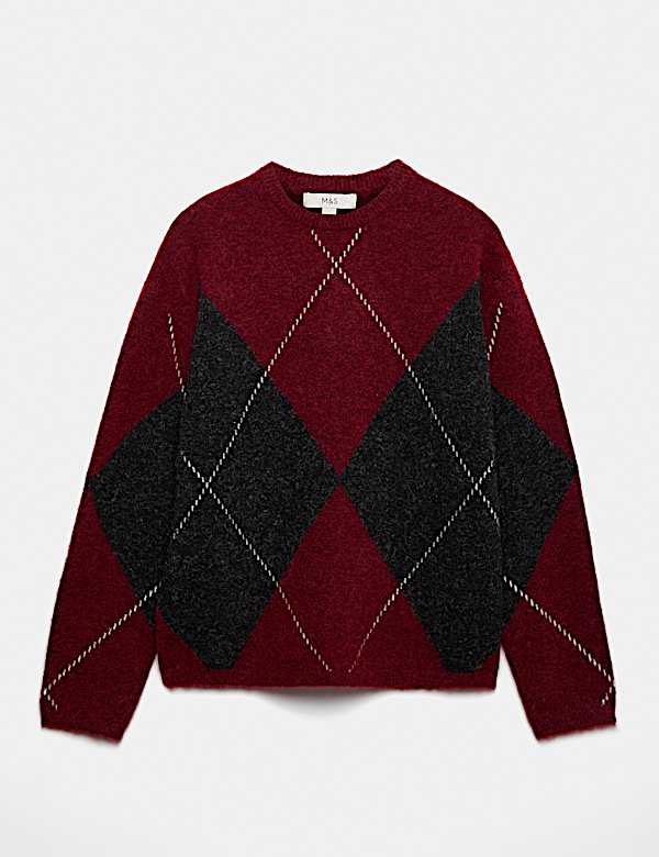 Argyle Crew Neck Oversized Jumper With Wool - NZ