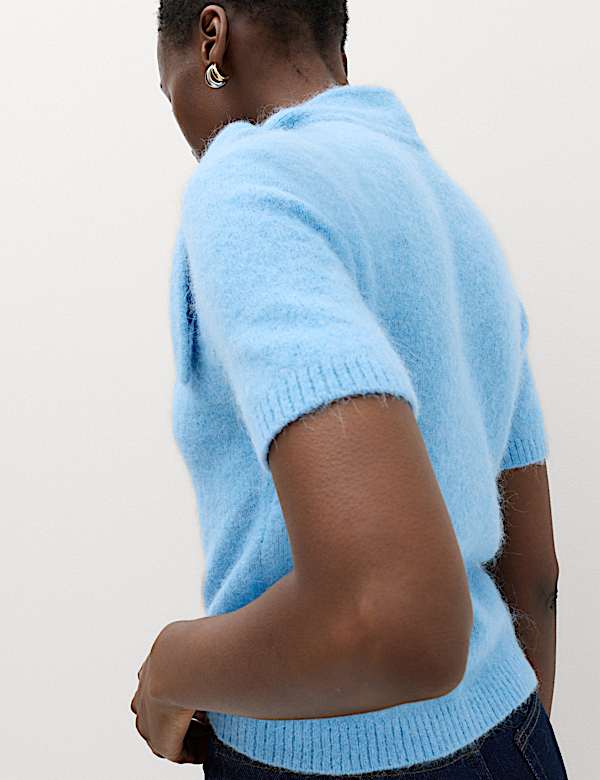 Wool Blend Scarf Neck Tie Knitted Short Sleeve Top - CN