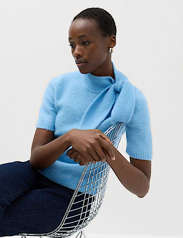 Wool Blend Scarf Neck Tie Knitted Short Sleeve Top - CN