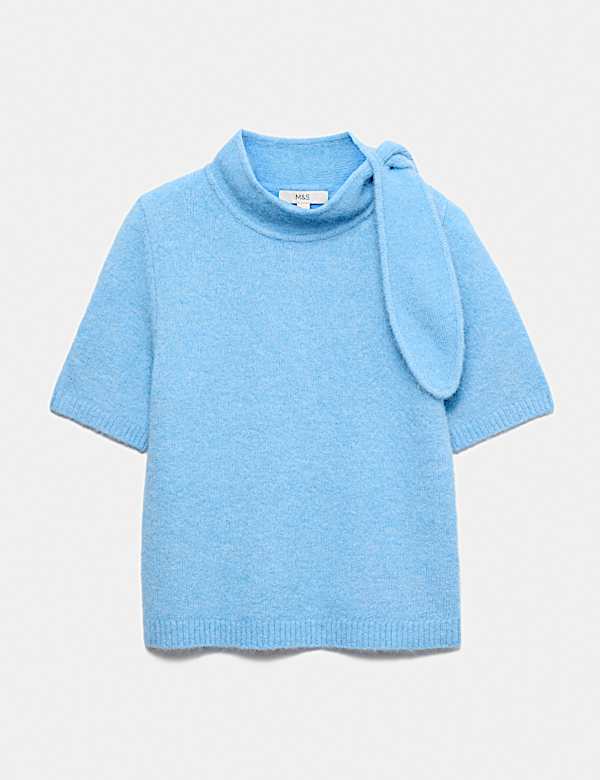Wool Blend Scarf Neck Tie Knitted Short Sleeve Top - CN