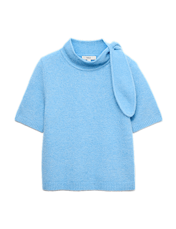 Wool Blend Scarf Neck Tie Knitted Short Sleeve Top