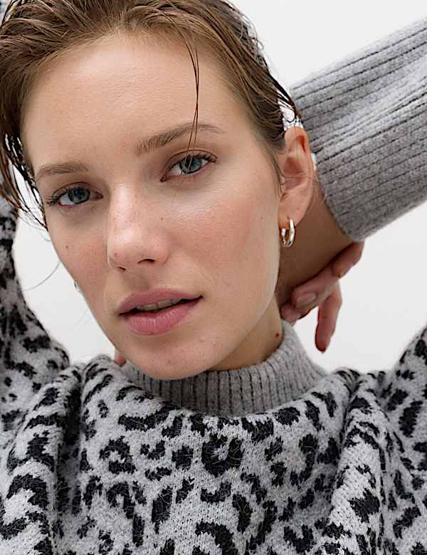 Animal Print Funnel Neck Relaxed Fit Jumper with Wool - JO
