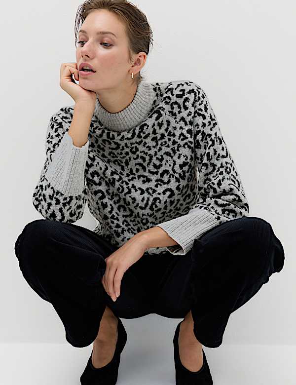 Animal Print Funnel Neck Relaxed Fit Jumper with Wool - JO