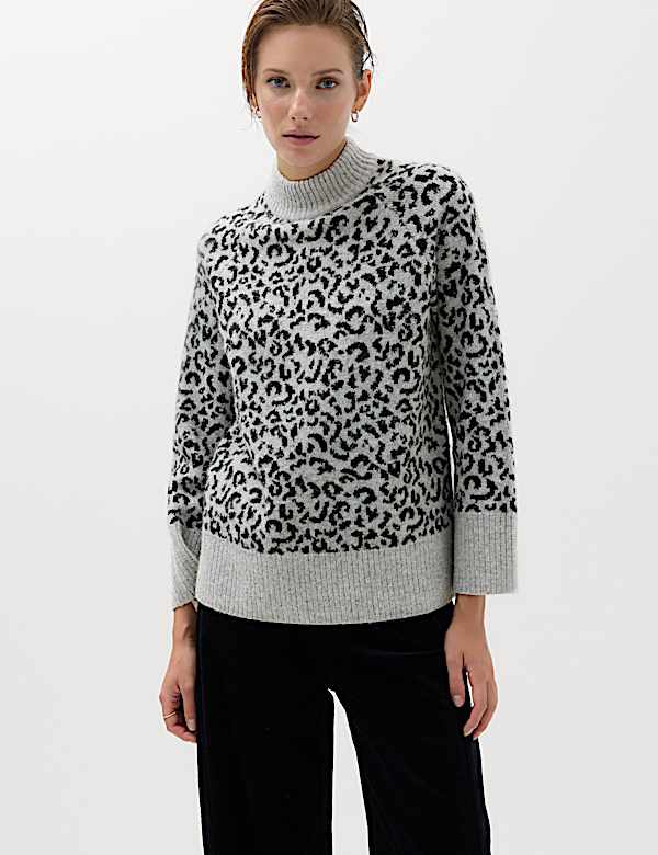 Animal Print Funnel Neck Relaxed Fit Jumper with Wool - JO