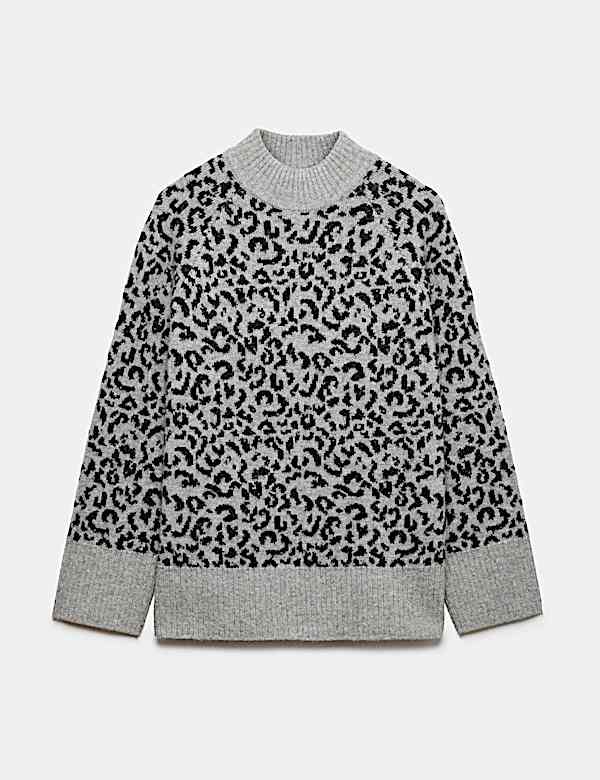 Animal Print Funnel Neck Relaxed Fit Jumper with Wool - JO
