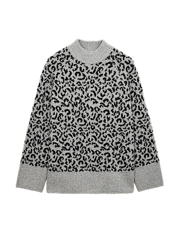 Animal Print Funnel Neck Relaxed Fit Jumper with Wool