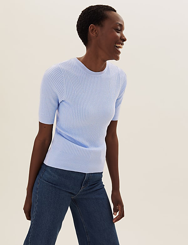 Ribbed Crew Neck Fitted Short Sleeve Jumper