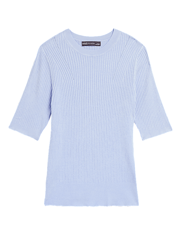 Ribbed Crew Neck Fitted Short Sleeve Jumper