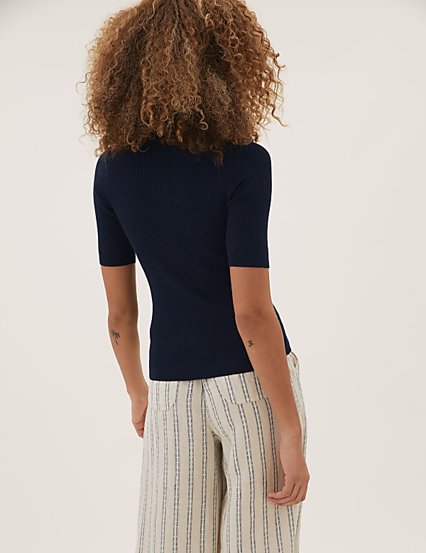 Ribbed Crew Neck Fitted Short Sleeve Jumper