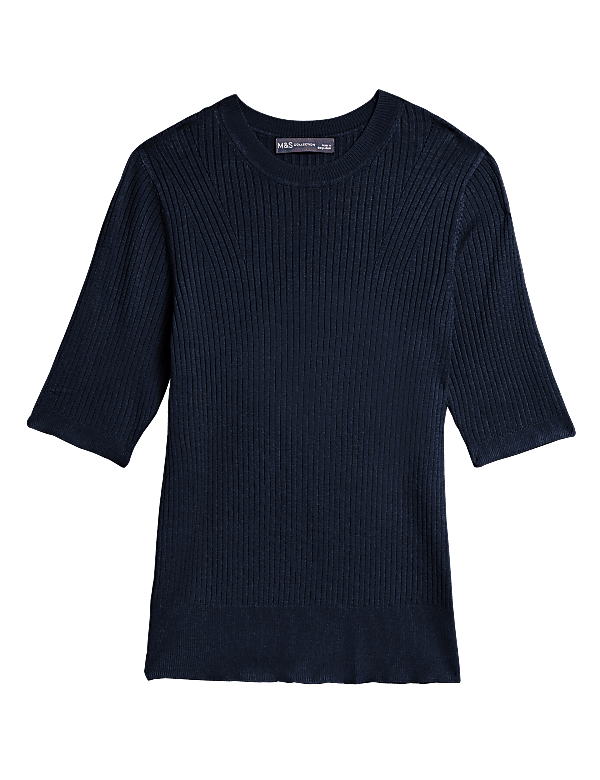 Ribbed Crew Neck Fitted Short Sleeve Jumper