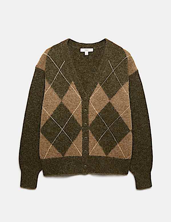 Argyle V-Neck Button Front Relaxed Fit Cardigan - NZ