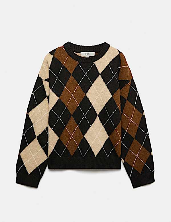 Argyle Crew Neck Relaxed Jumper - NZ