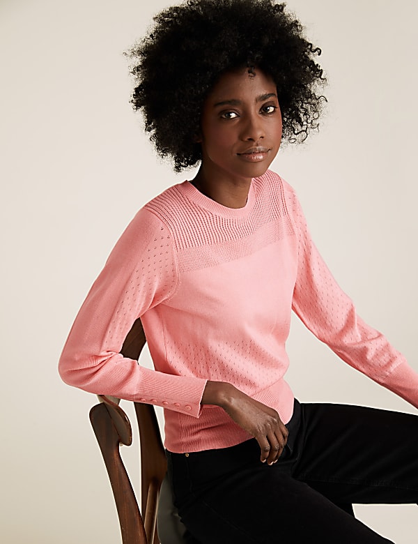 Textured Crew Neck Button Detail Jumper