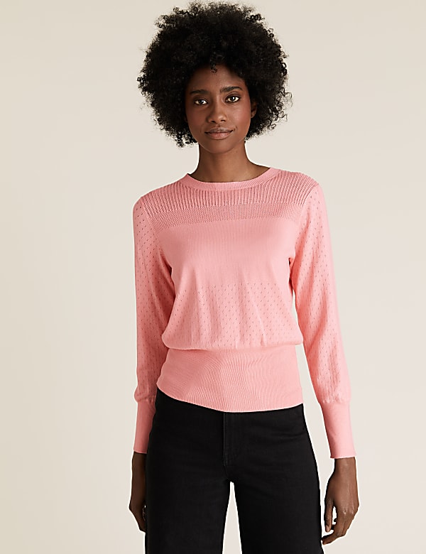 Textured Crew Neck Button Detail Jumper