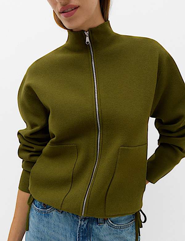 Funnel Neck Zip Up Pocket Detail Knitted Jacket - CN