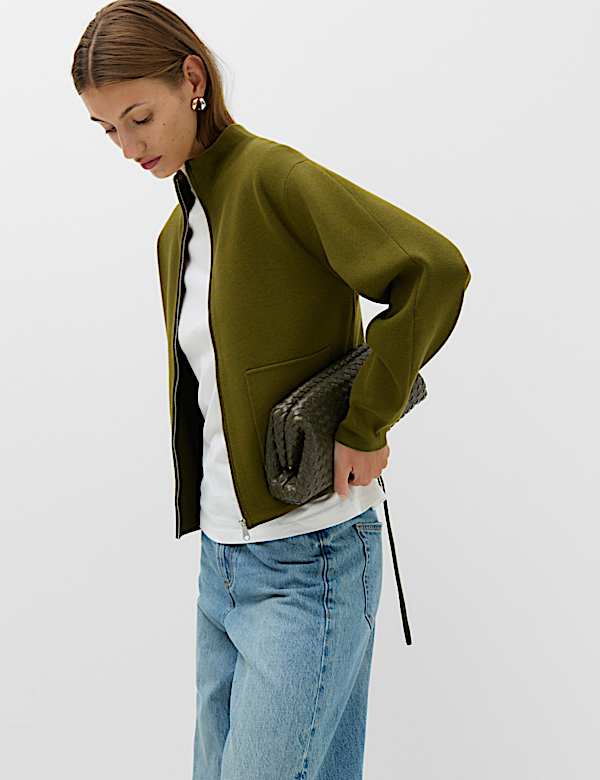 Funnel Neck Zip Up Pocket Detail Knitted Jacket - CN