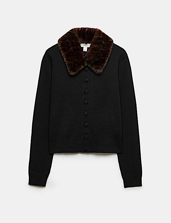 Faux Fur Animal Print Collared Button Front Cardigan - MV