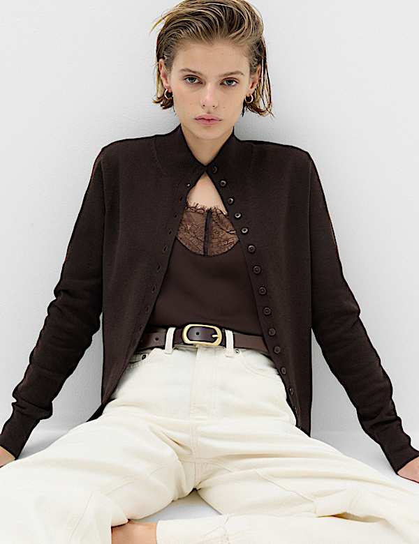 Funnel Neck Slim Fit Cardigan with Wool