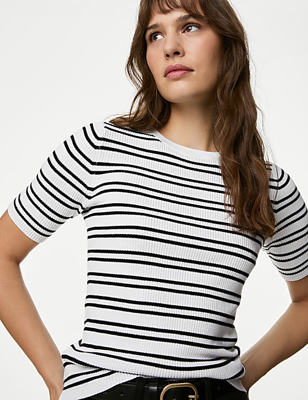 Striped Ribbed Crew Neck Knitted Top - AL