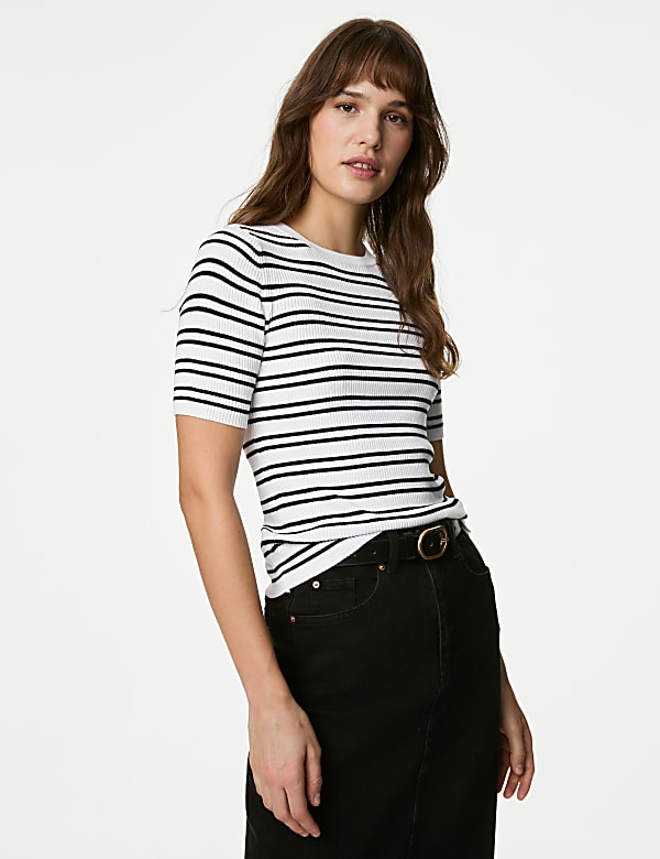 Striped Ribbed Crew Neck Knitted Top