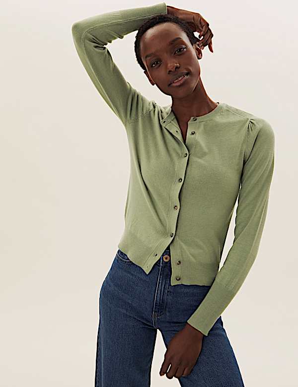 Crew Neck Button Front Cardigan