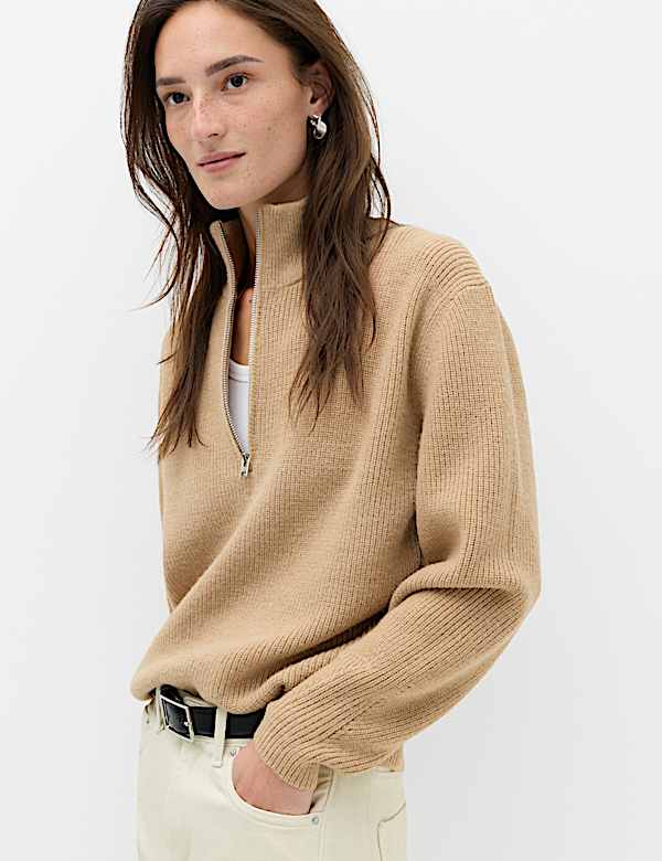Wool Blend Textured Funnel Neck Half Zip Jumper