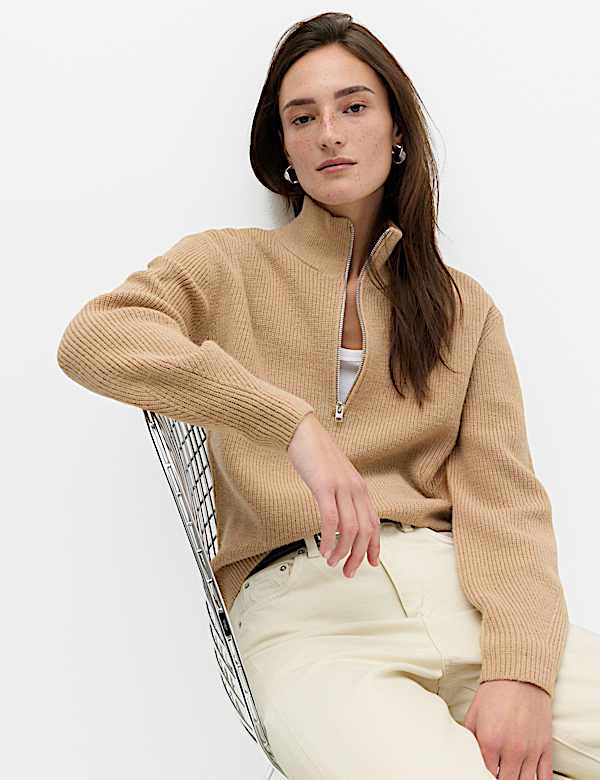 Wool Blend Textured Funnel Neck Half Zip Jumper