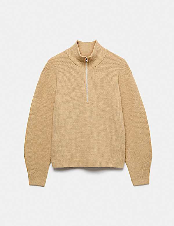 Trui van wolmix met opstaande kraag, korte rits en structuur - NL