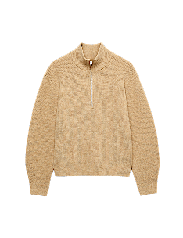 Wool Blend Textured Funnel Neck Half Zip Jumper