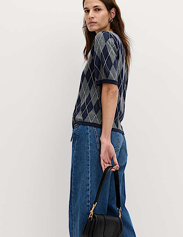 Top en maille coupe slim &agrave; col rond et motif &eacute;cossais - LU