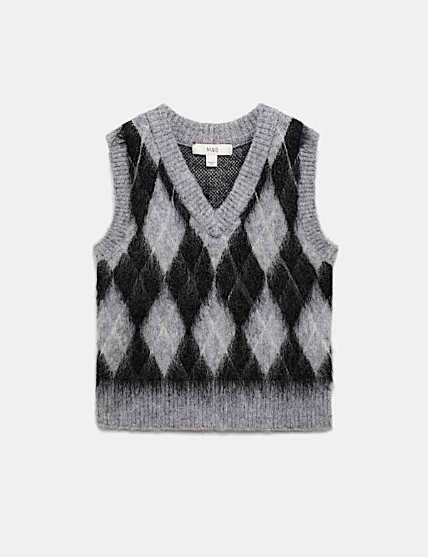 Brushed Argyle Knitted Vest with Mohair - NZ