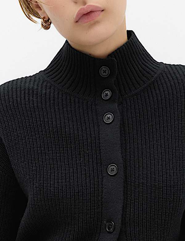 Lambswool Blend Funnel Neck Relaxed Knitted Jacket - BN