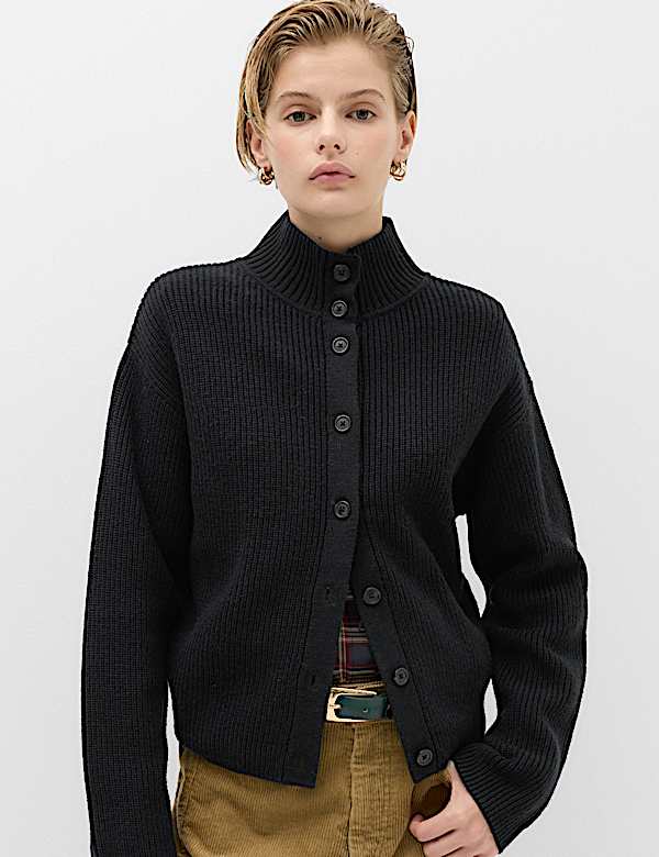 Lambswool Blend Funnel Neck Relaxed Knitted Jacket - BN