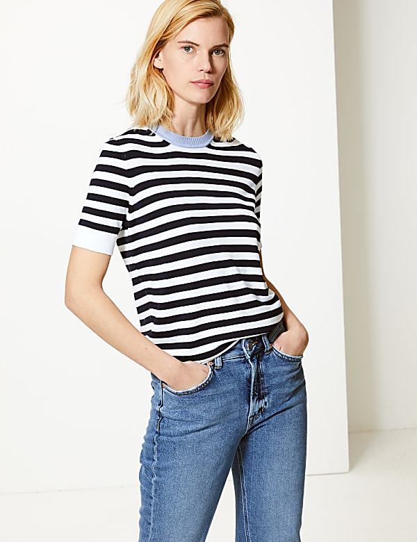 Striped Round Neck Short Sleeve Knitted Top