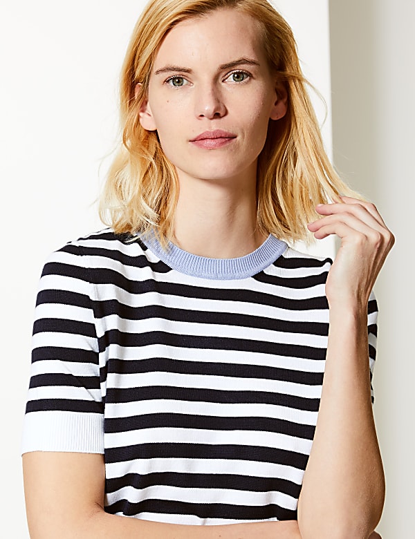 Striped Round Neck Short Sleeve Knitted Top