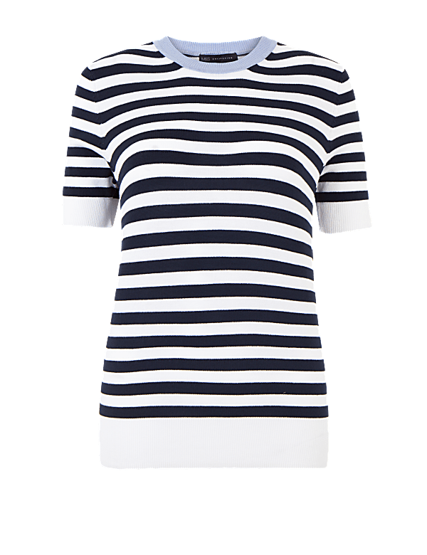 Striped Round Neck Short Sleeve Knitted Top