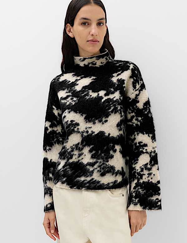 Wool Blend Animal Print Funnel Neck Jumper - MV