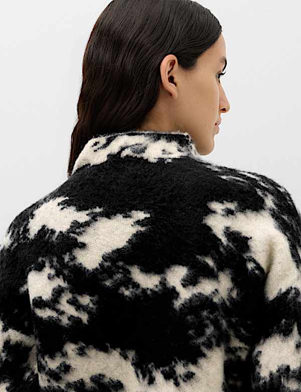 Wool Blend Animal Print Funnel Neck Jumper - MV