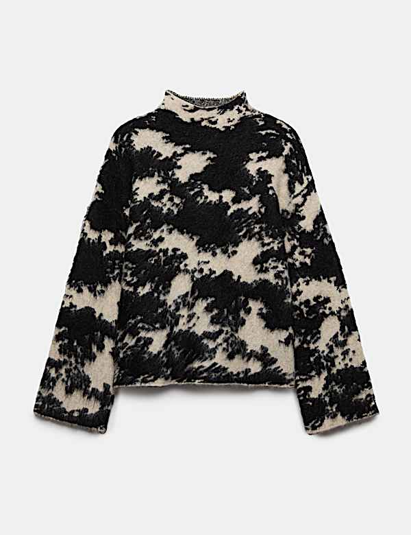 Wool Blend Animal Print Funnel Neck Jumper - MV