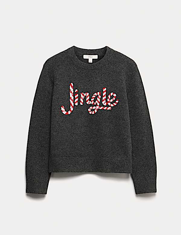 סוודר מעוטר בשילוב צמר עם כיתוב וצווארון עגול - IL