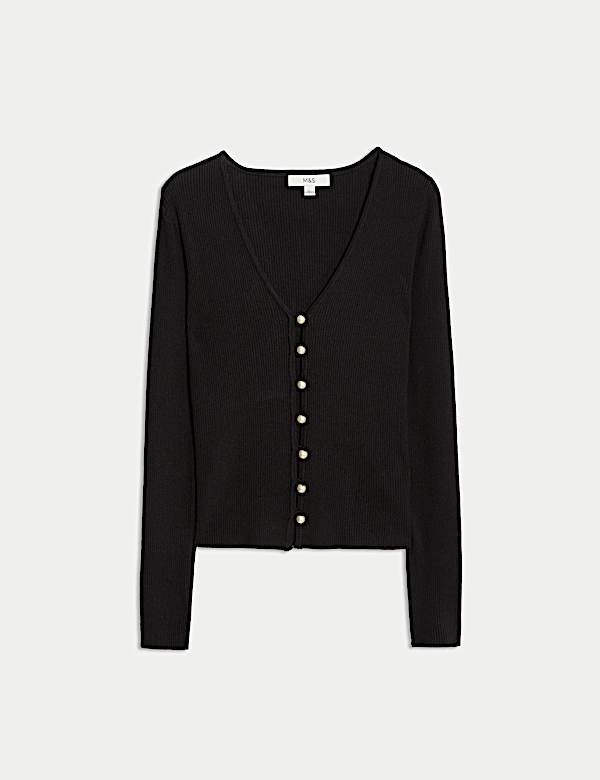 Ribbed V-Neck Button Front Cardigan - JE