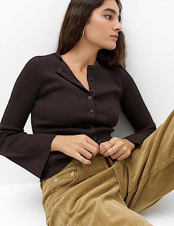 Ribbed Slim Fit Cropped Cardigan with Wool - NO