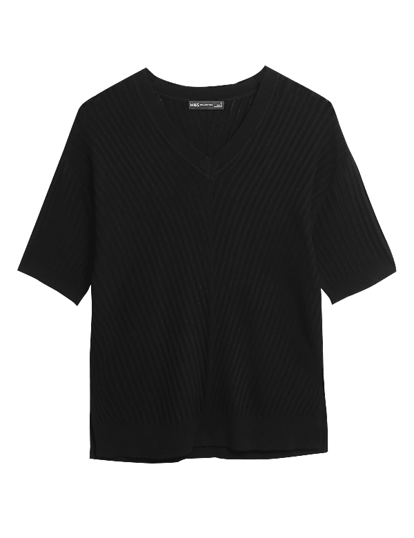 Ribbed V-Neck Relaxed Knitted Top