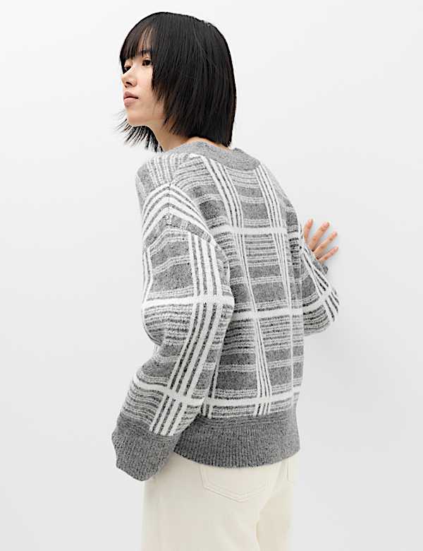 Checked V Neck Relaxed Jumper With Wool - KR