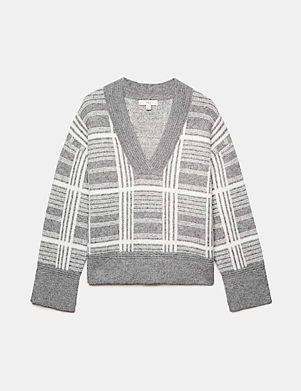 Checked V Neck Relaxed Jumper With Wool - KR