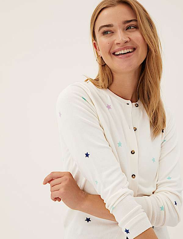 Star Print Crew Neck Button Front Cardigan