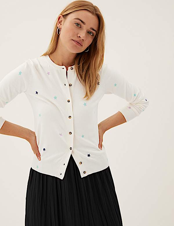 Star Print Crew Neck Button Front Cardigan