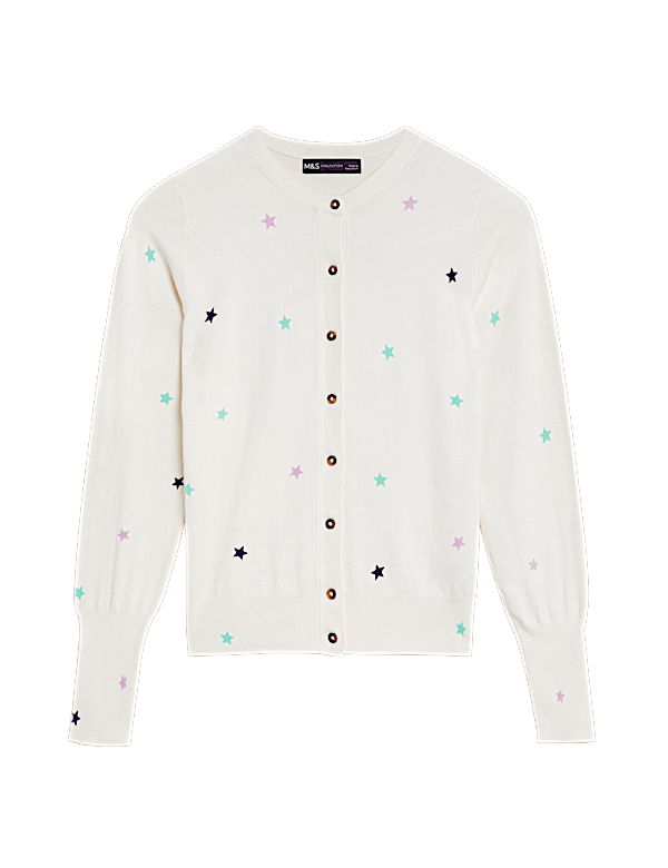 Star Print Crew Neck Button Front Cardigan